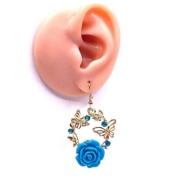 Yellow Gold with Blue Roses and Crystal Dangling Butterfly Hook Earrings - Picture 8 of 8